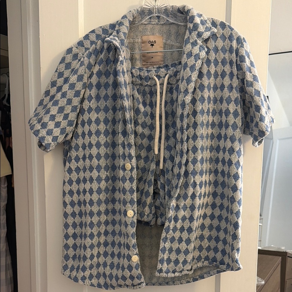 OAS Blue & White Diamond-Pattern Short Sleeve Button-Up Shirt
